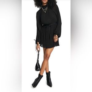 ASOS Tie Waist Plisse Long Sleeve Minidress